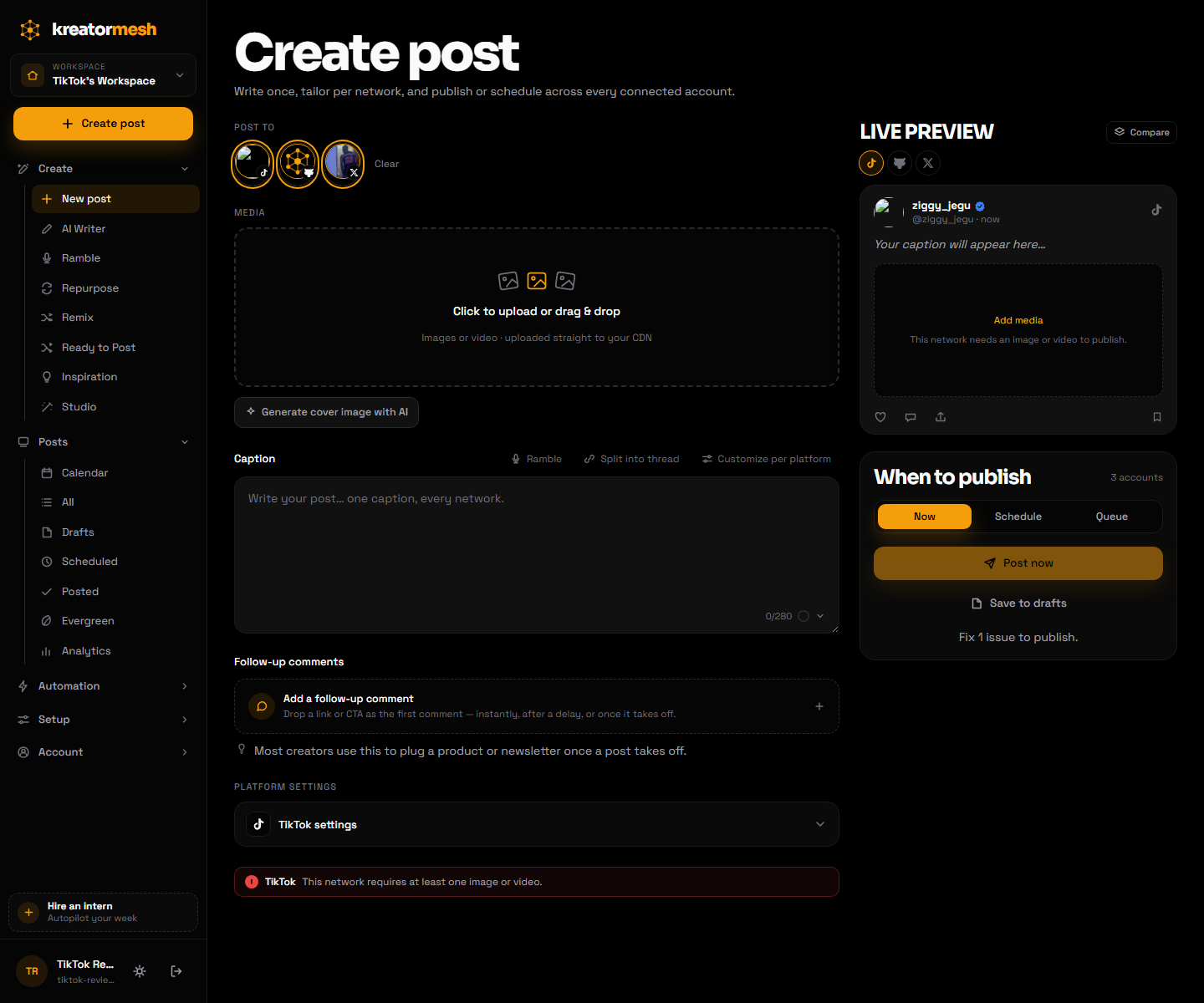 The post composer with per-platform previews