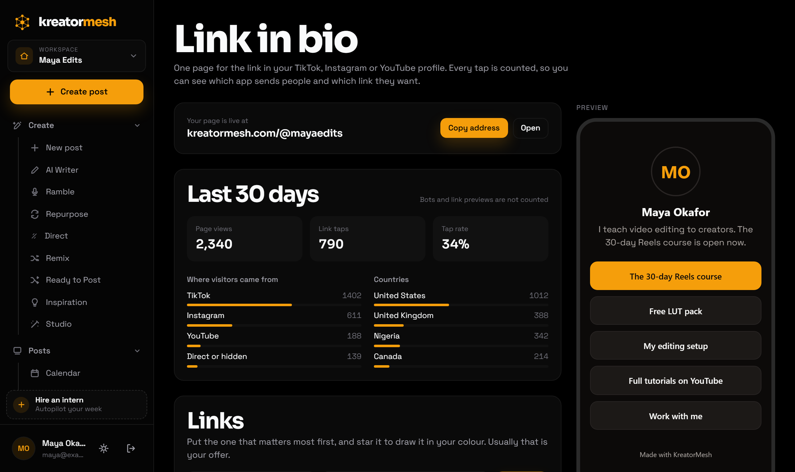 The KreatorMesh link-in-bio editor: 30-day views and taps by app and country, the list of links, and a phone preview (example data)