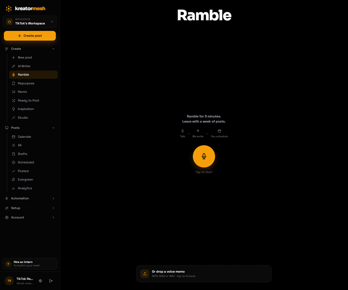 The Ramble screen turning a voice recording into drafted posts