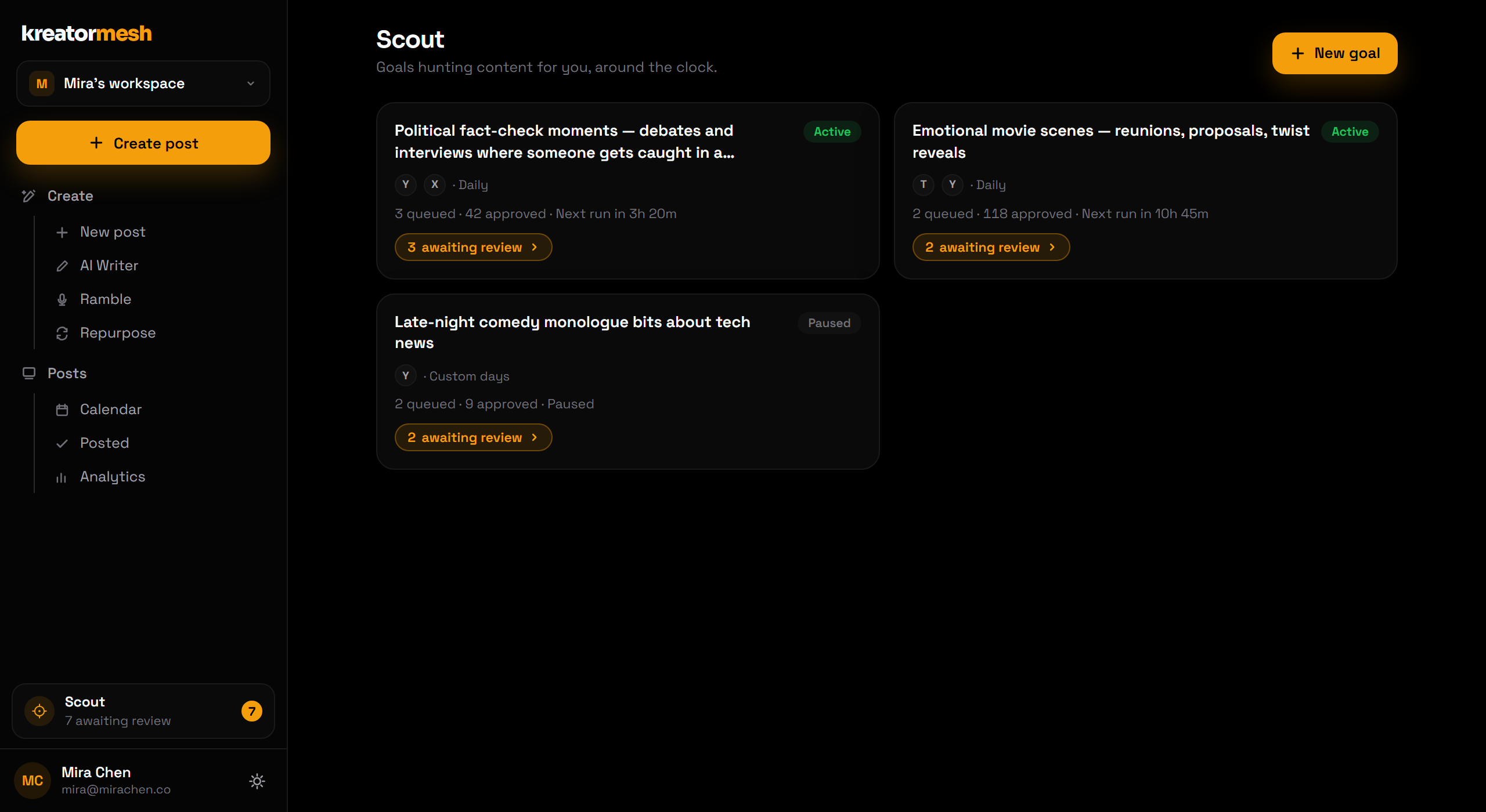 The Scout screen showing content goals and items awaiting review